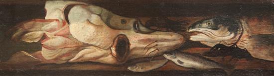 17th century Flemish School Fishes and crustaceans on a ledge, 11 x 37in.